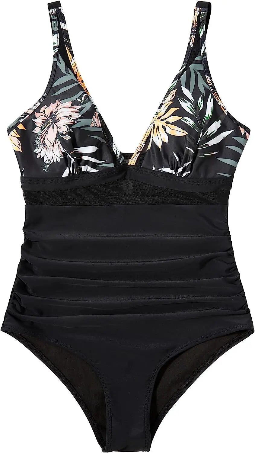Deep V Neck One Piece Swimsuit - Removable Bra Plain Monokini for Women