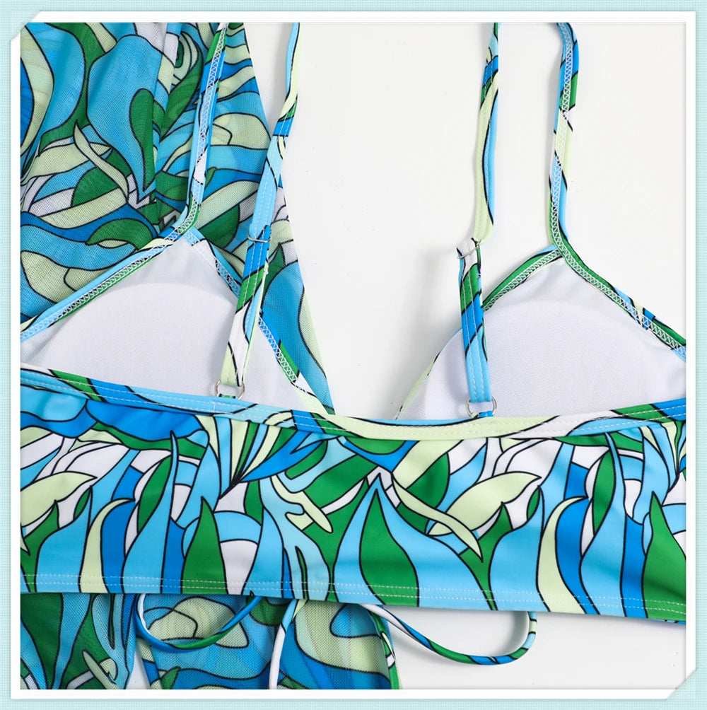 Sexy Printed 3 Piece Bikini Set - High Waist Swimsuit with Cover Up for Women