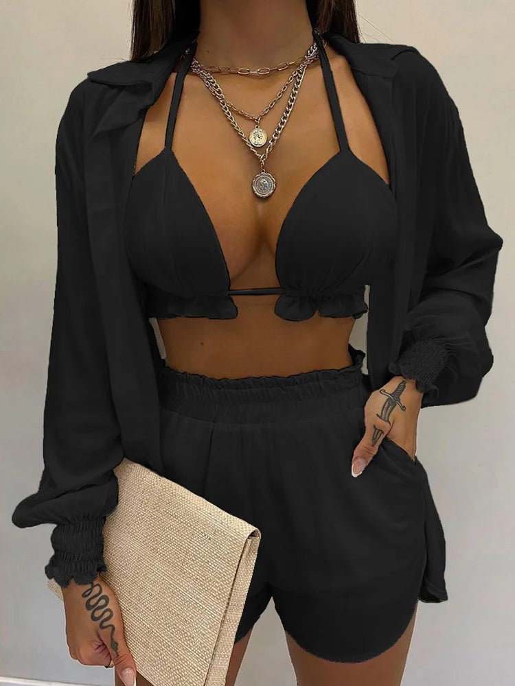 Women's 3-Piece High Waist Bikini Set | Print Swimwear with Shorts Cover Up