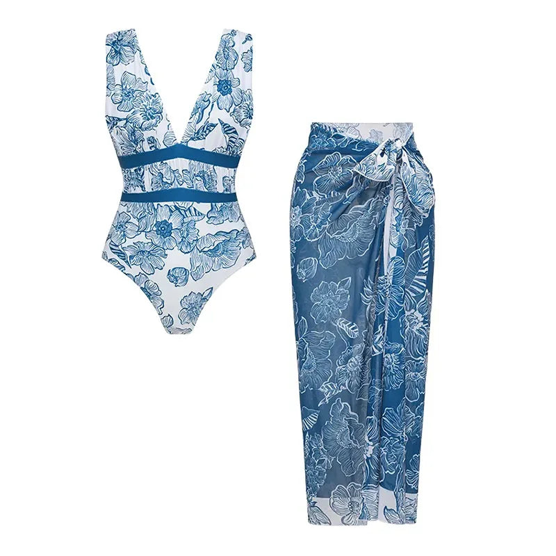 Women's Deep V-Neck One-Piece Swimsuit | Print Beachwear with Slimming Effect