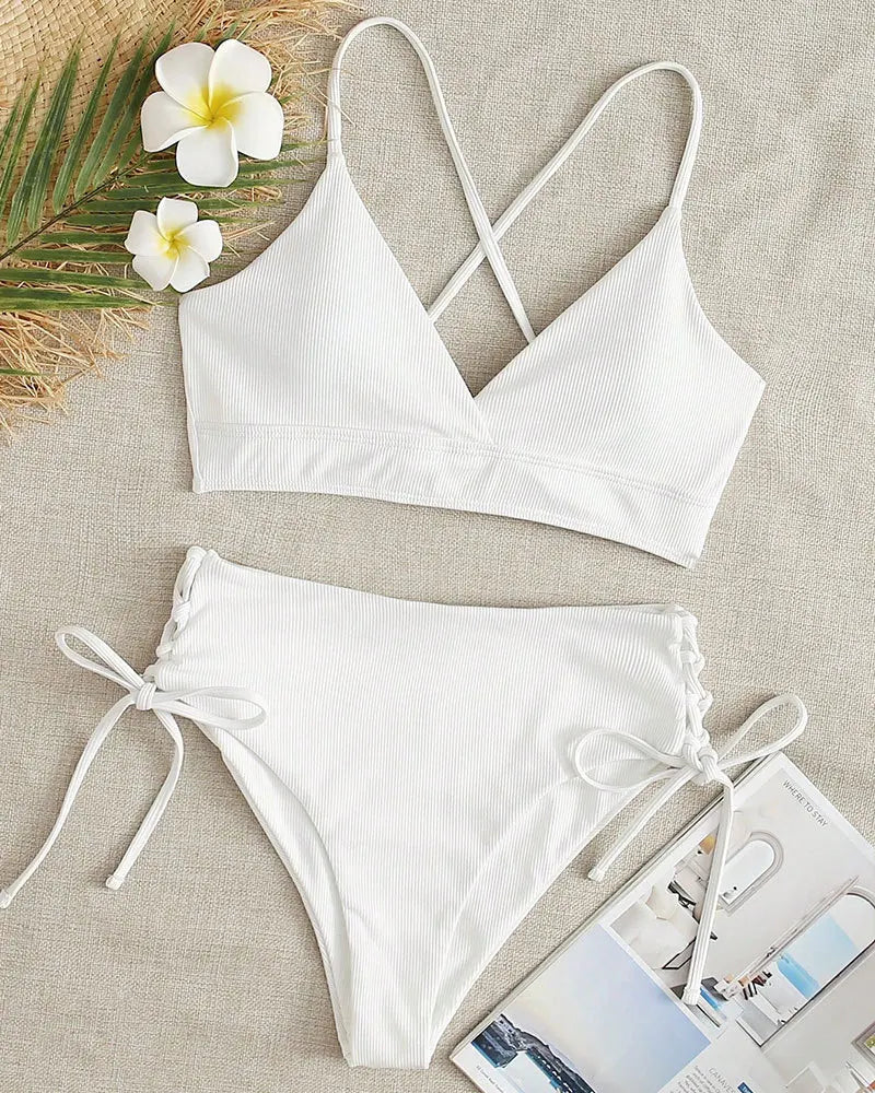 CIKINI Women's V-Neck Lace Up Bikini Set | Solid Color Triangle Swimwear