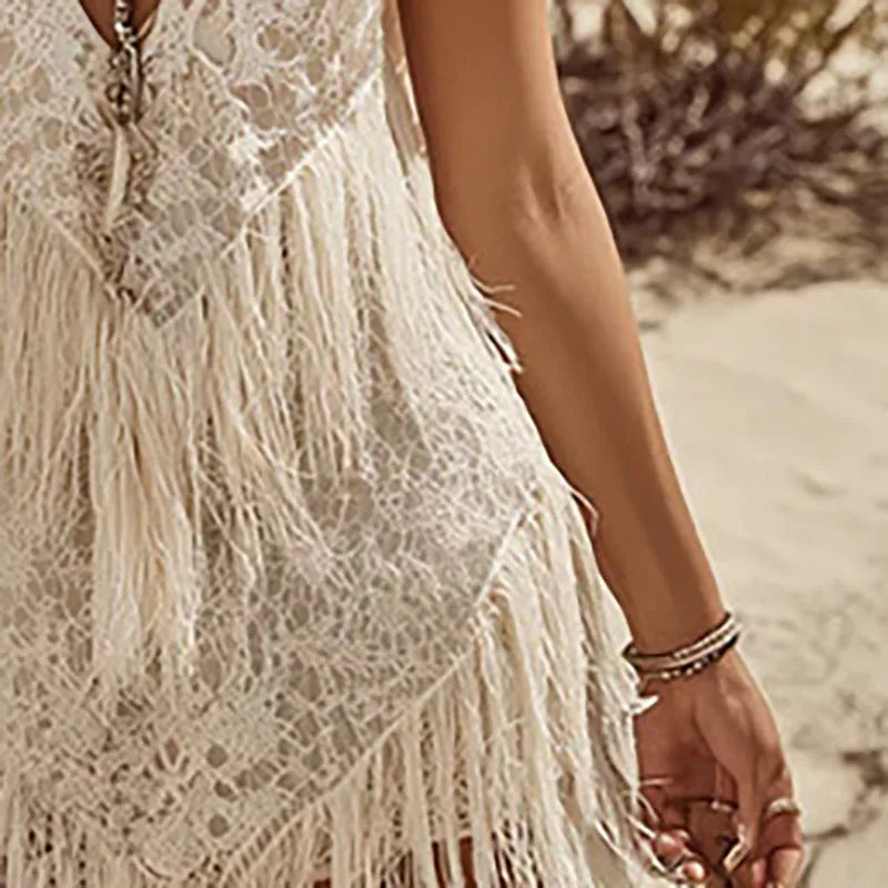 Women's Crochet Lace Halter Dress | Deep V-Neck Sleeveless Boho Beach Tunic