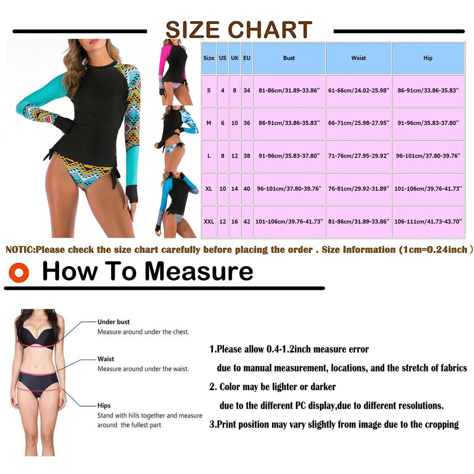 Women's 2 Piece Print Rash Guard Set - UV Protection Long Sleeve Bikini Bathing Suits