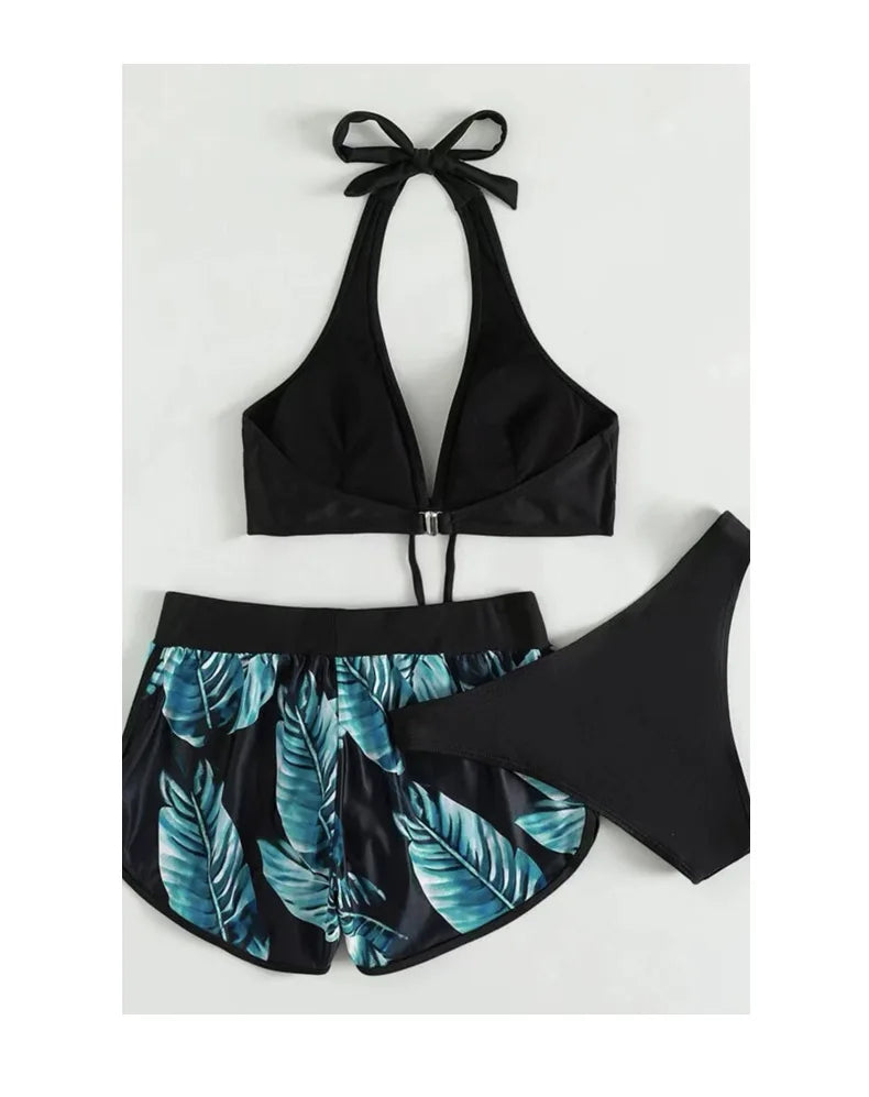 Leaf Print 3 Piece Bikini Set - Women's Sexy High Waist Swimsuit for the Beach