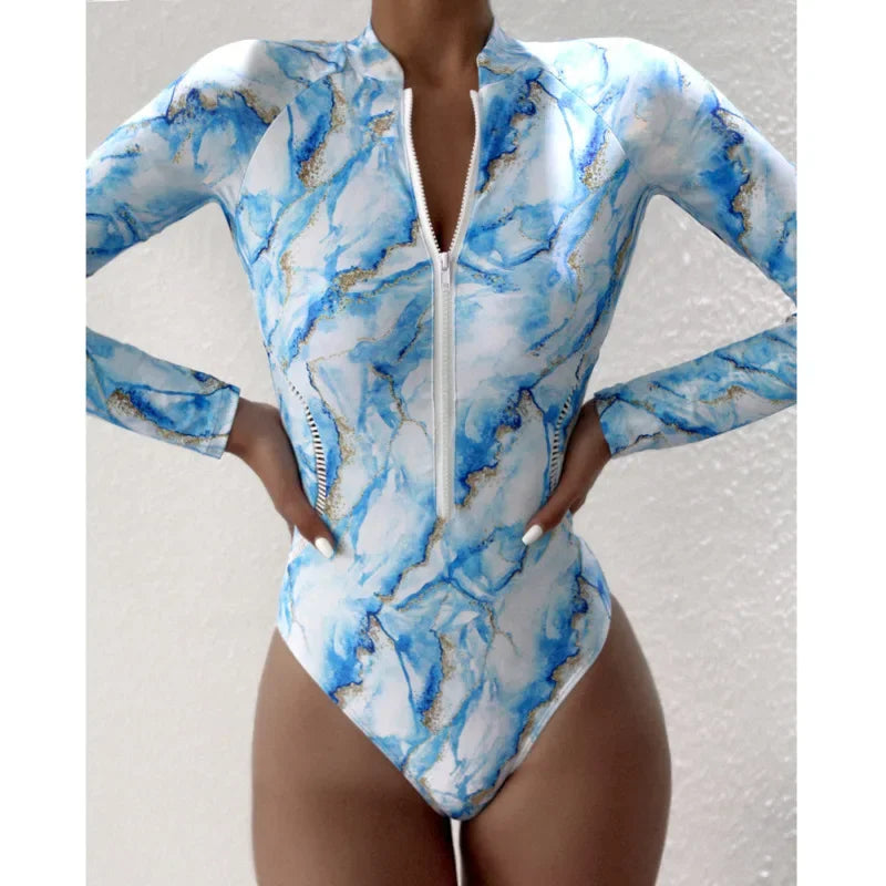 White Solid Color One Piece Swimsuit - Athletic Long Sleeve Swimwear for Beach & Surf