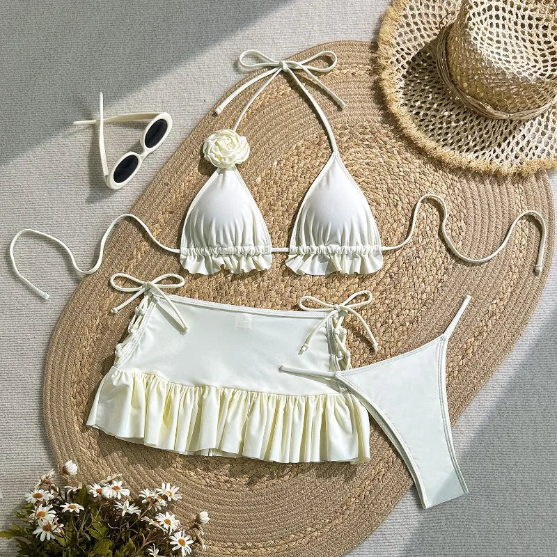 Women's 3-Piece 3D Flower Triangle Bikini Set | Thong Bottom with Cover Up Skirt