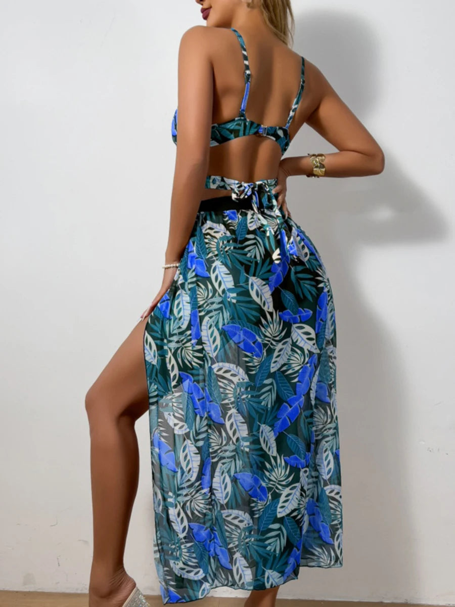 Print Cross 3 Piece Bikini with Long Skirt - Women's Vent Swimsuit for Beach