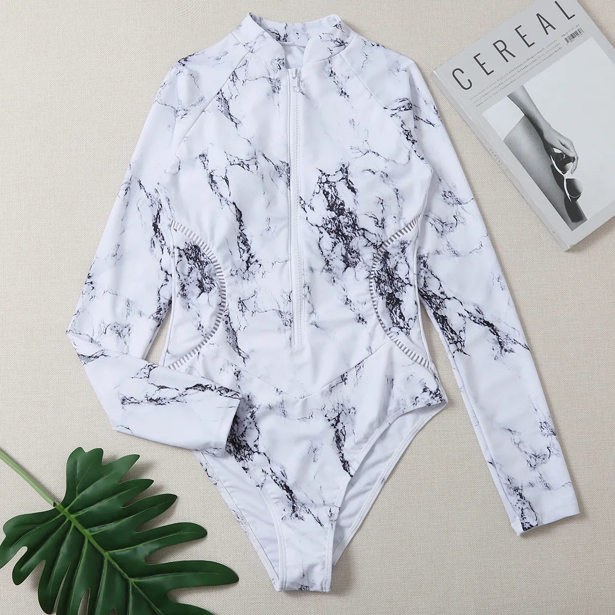 White Solid Color One Piece Swimsuit - Athletic Long Sleeve Swimwear for Beach & Surf