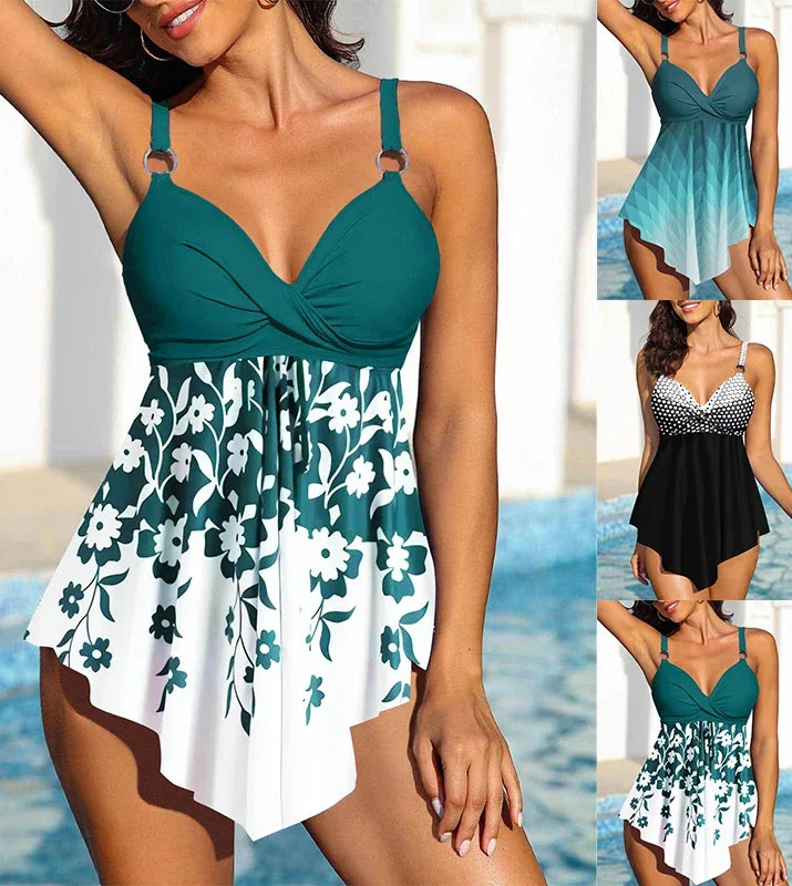 Blue Floral Tankini Set | Two-Piece Bikini Swimsuit for Women in Sizes S-6XL
