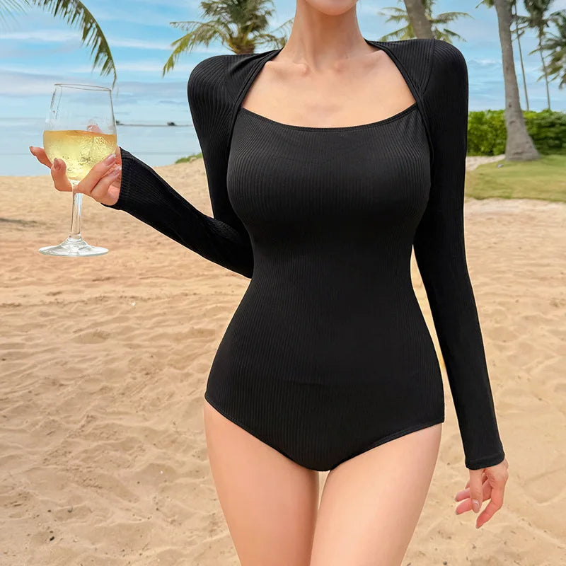 Black Tummy Control One Piece Swimsuit - High Cut Solid Color Bathing Suit for Women