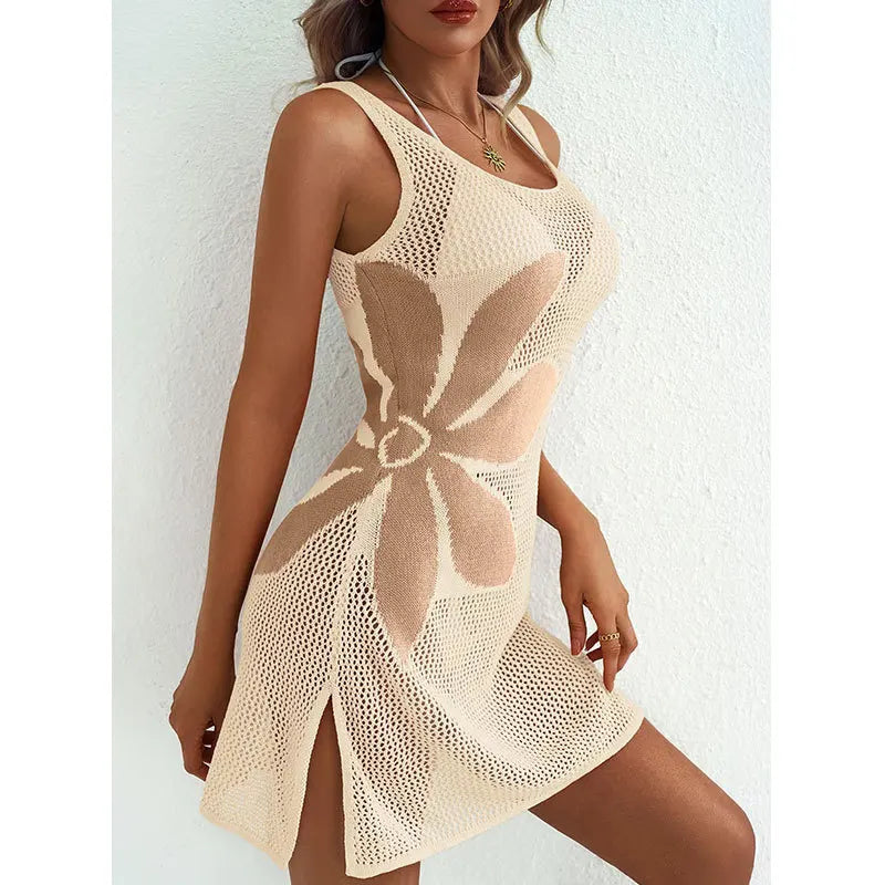 Women's Knit Hollow Out Beach Cover Up Dress | O-Neck Sleeveless Beachwear