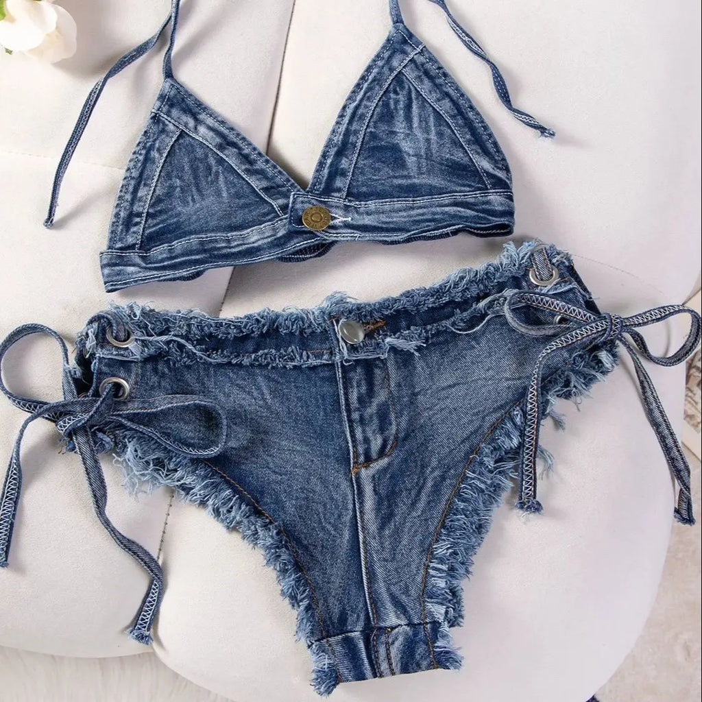 DEKA Women's Denim Bikini Set | Brazilian Lace Up Drawstring Swimwear