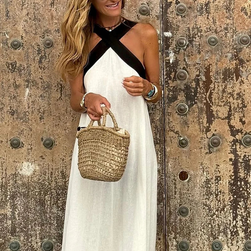 Women's Cotton Linen Maxi Dress | Hanging Neck Strapless Sleeveless Summer Style