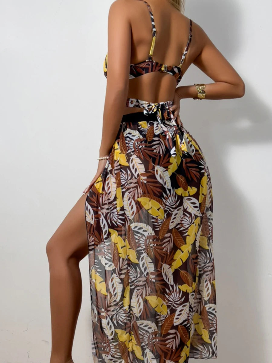 Print Cross 3 Piece Bikini with Long Skirt - Women's Vent Swimsuit for Beach