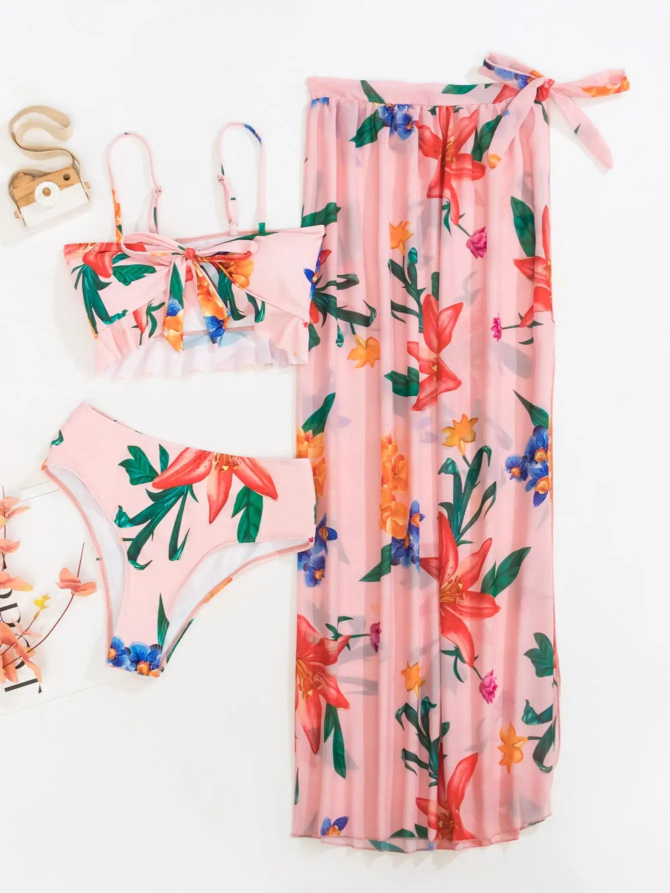Floral Print 3 Piece Bikini Set - Knot Front Ruffle Swimsuit with High Waist Skirt