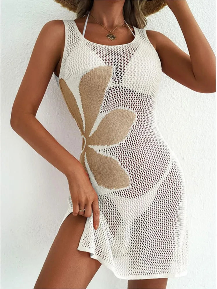 Women's Knit Hollow Out Beach Cover Up Dress | O-Neck Sleeveless Beachwear