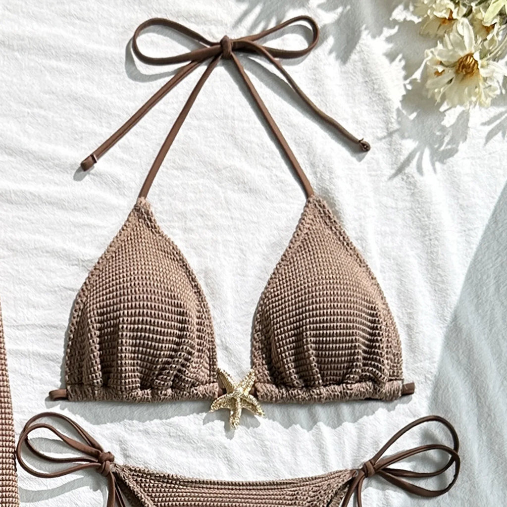 Solid Color 3 Piece Bikini Set with Mesh Skirt - Starfish Swimsuit for Women