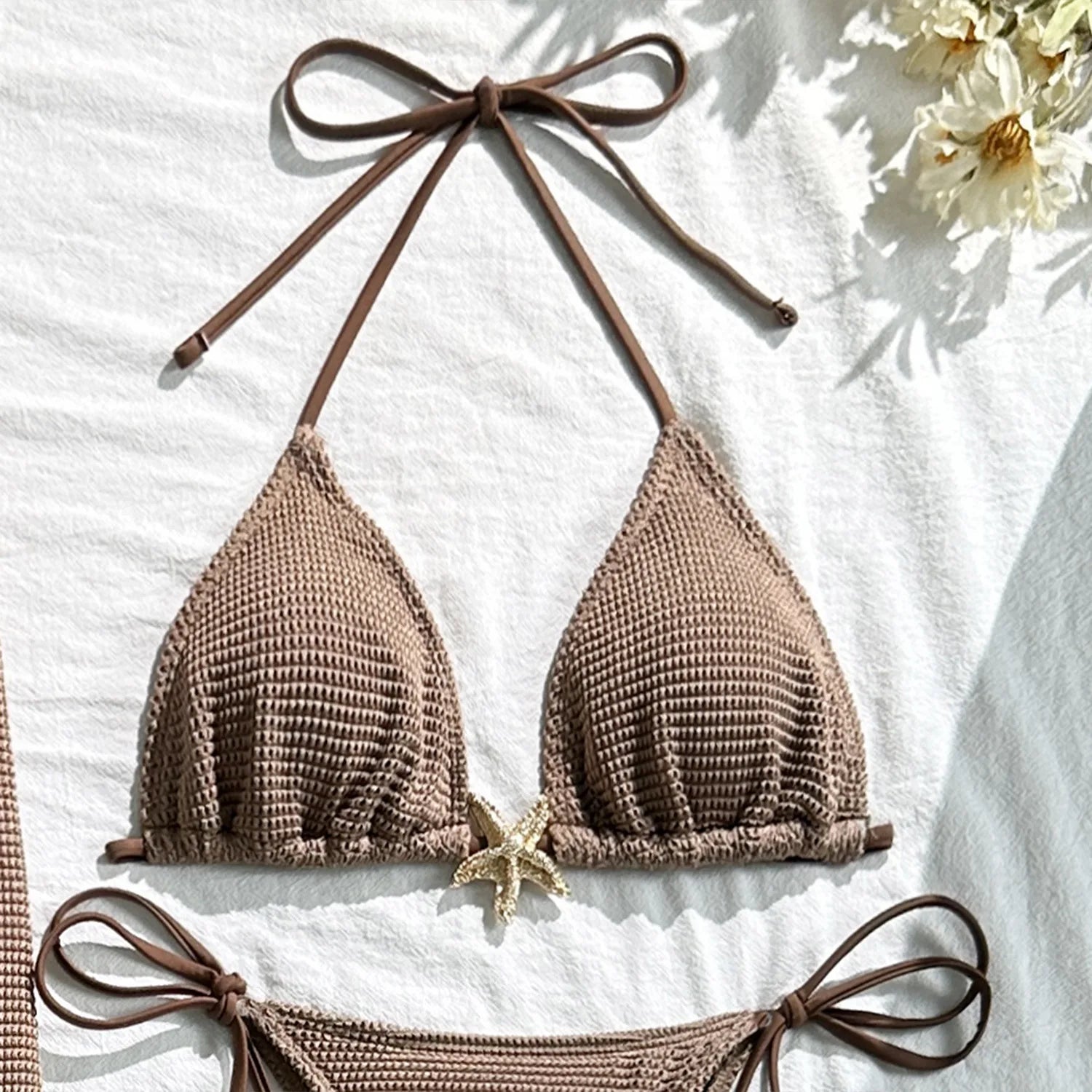 Solid Color 3 Piece Bikini Set with Mesh Skirt - Starfish Swimsuit for Women