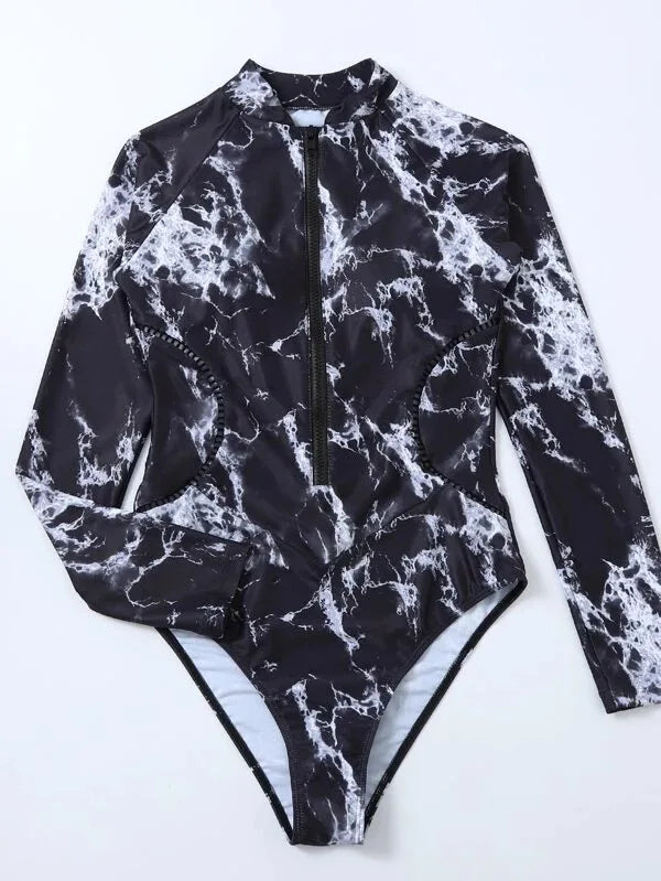White Solid Color One Piece Swimsuit - Athletic Long Sleeve Swimwear for Beach & Surf
