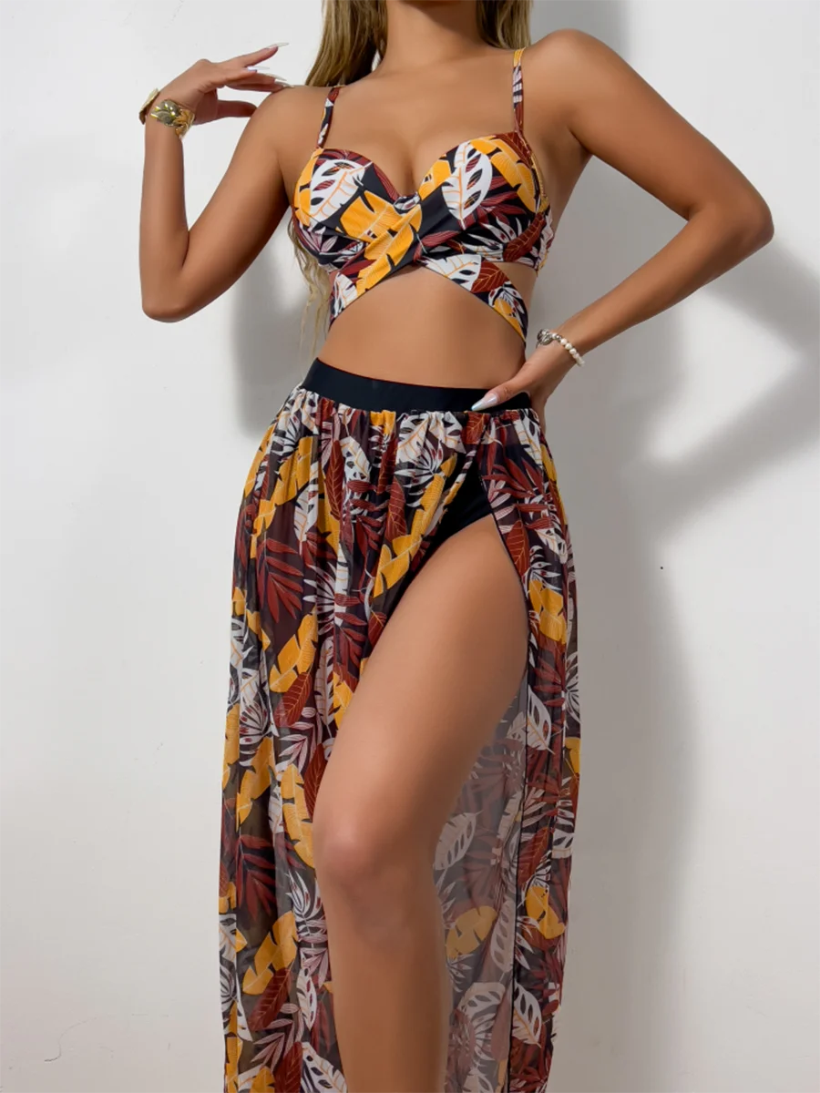 Print Cross 3 Piece Bikini with Long Skirt - Women's Vent Swimsuit for Beach