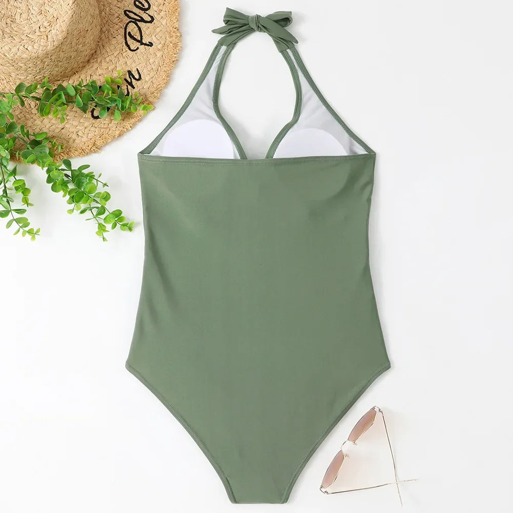 Women's Wrinkled Halter One Piece Swimsuit | V Neck Backless Monokini S-XXL