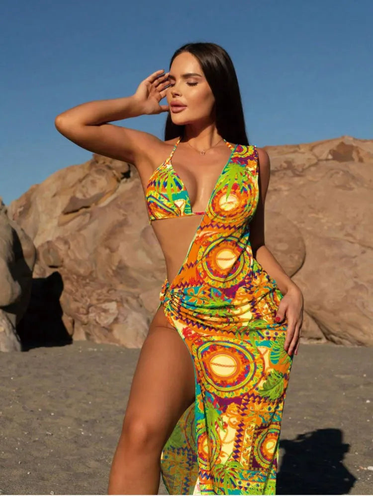 Sexy One-Shoulder 3 Piece Bikini Set - with Mesh Beach Skirt Cover Up