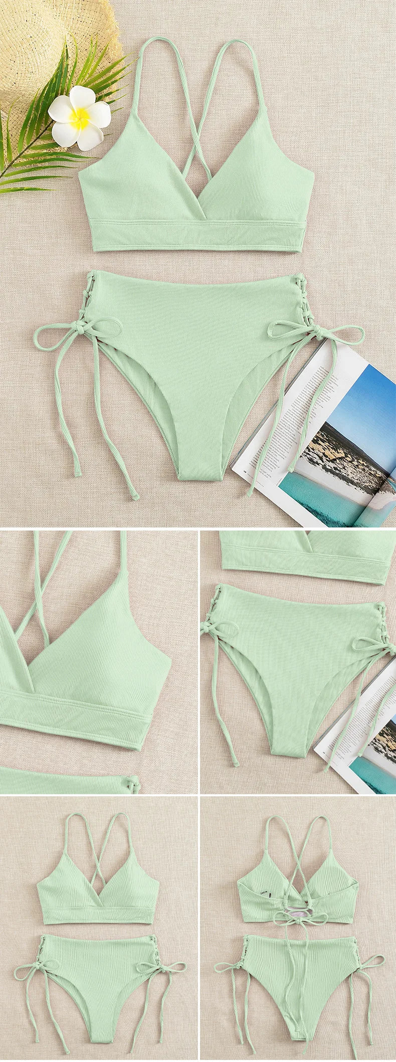 CIKINI Women's V-Neck Lace Up Bikini Set | Solid Color Triangle Swimwear