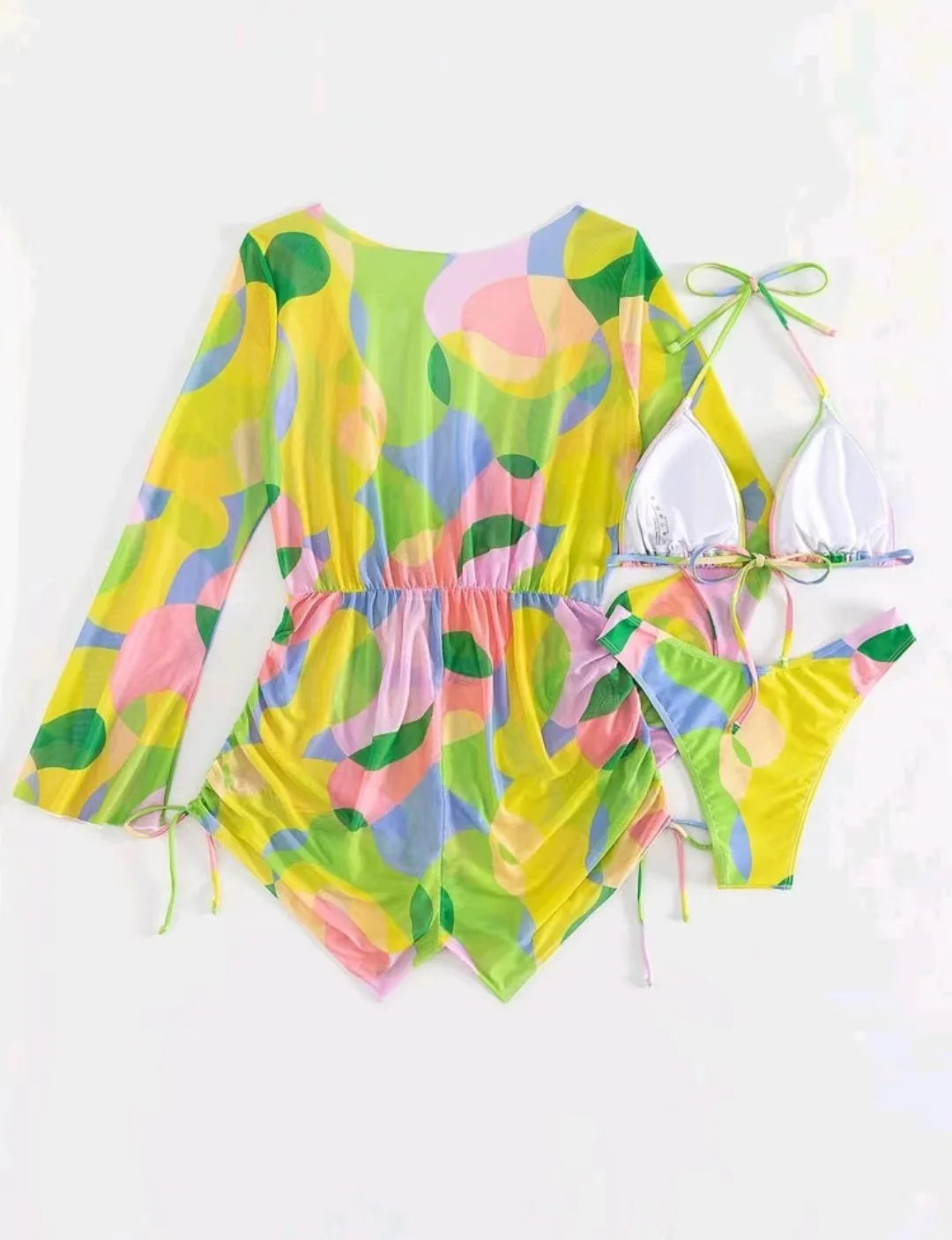 Print 3 Piece Bikini Set with Long Sleeve - Women's Cross Halter Swimwear for Beach