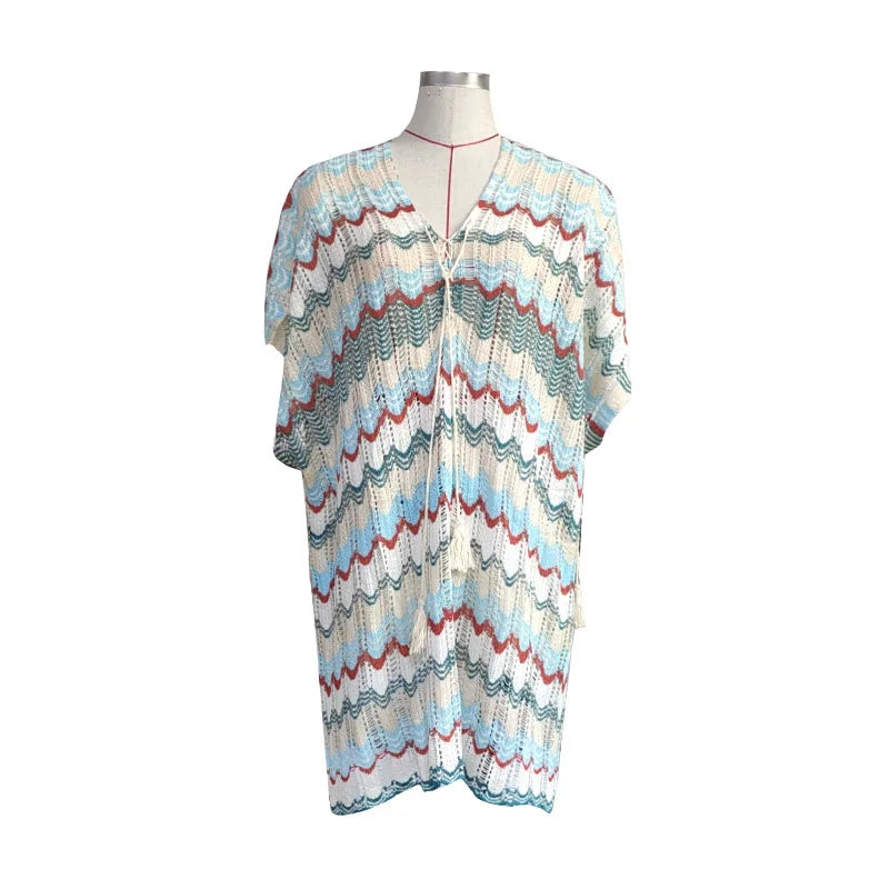 Women's Cotton Crochet Tunic Cover Up | Deep V Neck Lace-Up Mini Beach Dress