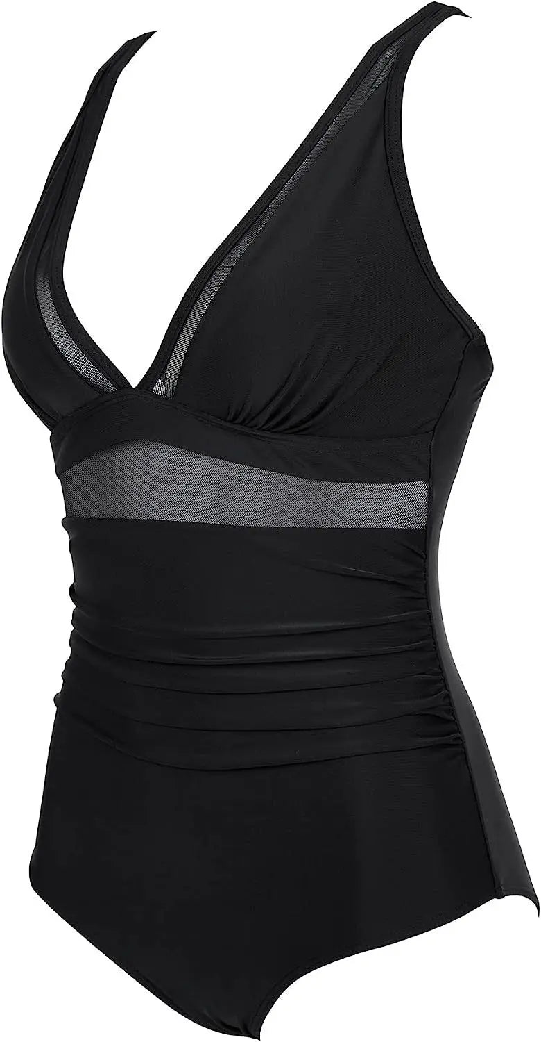 Deep V Neck One Piece Swimsuit - Removable Bra Plain Monokini for Women