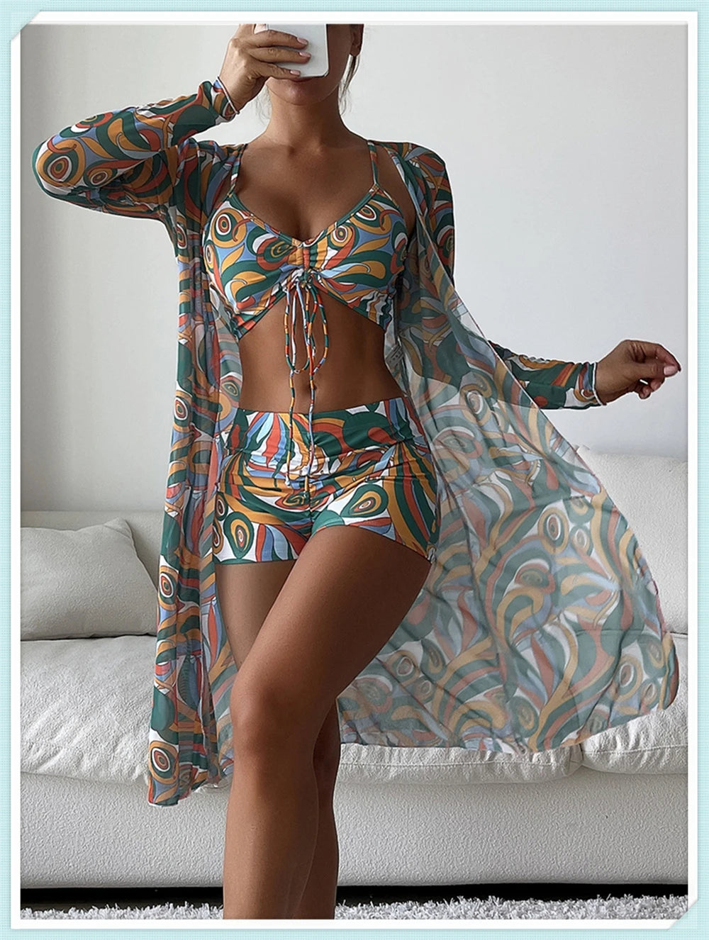 Sexy Printed 3 Piece Bikini Set - High Waist Swimsuit with Cover Up for Women