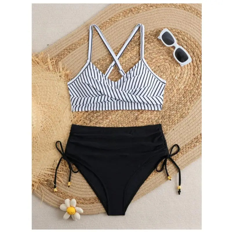 CIKINI Women's High Waist Criss-Cross Bikini Set | Metal Pendant & Adjustable Drawstring