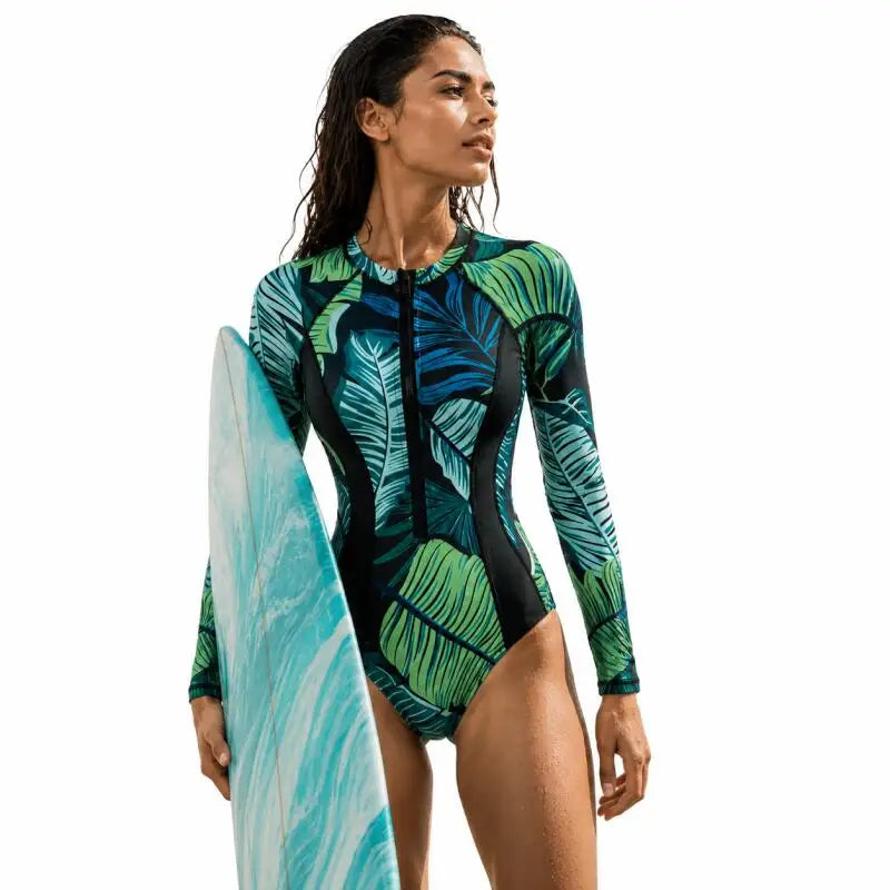 Women's Long Sleeve Tropical Print One Piece Swimsuit | Front Zipper Surf Suit with UV Protection