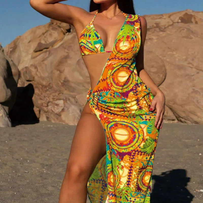 Sexy One-Shoulder 3 Piece Bikini Set - with Mesh Beach Skirt Cover Up