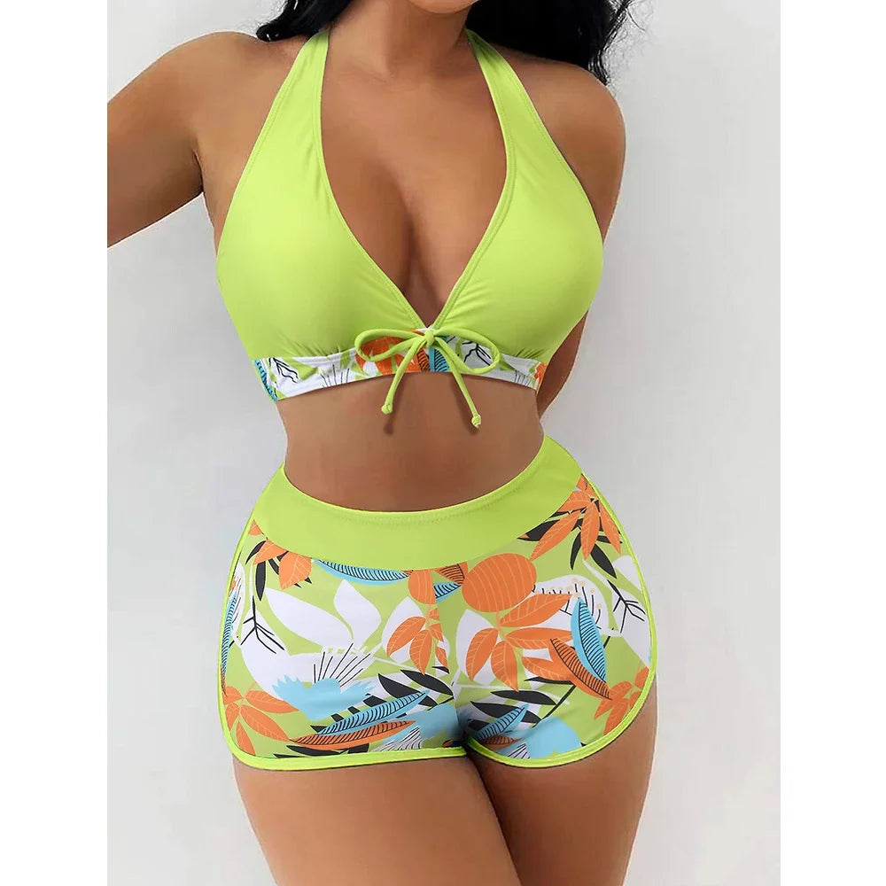 Color Block Sports Bikini Set - Women's Sexy Hanging Neck Cross Split Swimwear for Beach