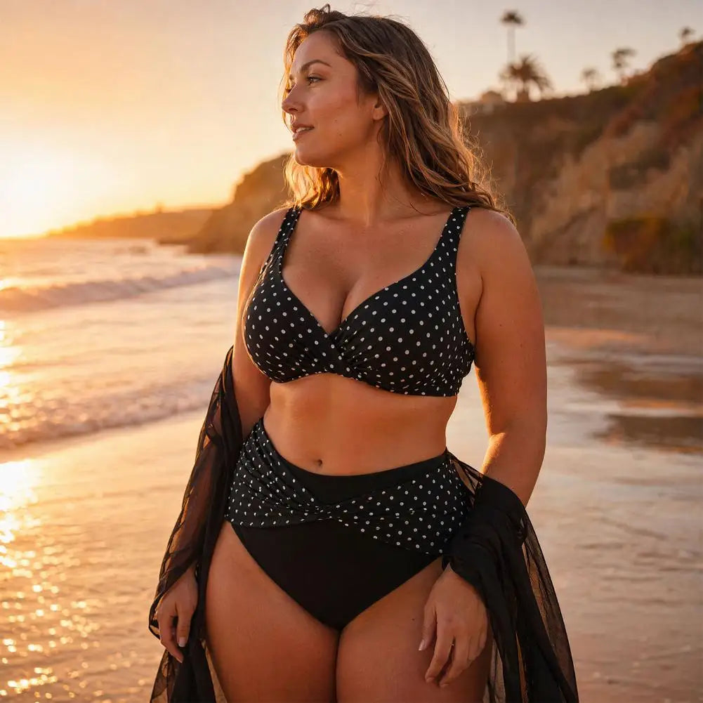 Plus Size Retro Dot Bikini Set | Cross-Chest V-Neck with Built-In Support & High Waist Bottoms
