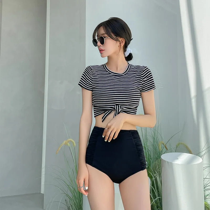 Women's Black and White Striped Bikini Set | High Waist Slimming Swimwear with Strapless Top