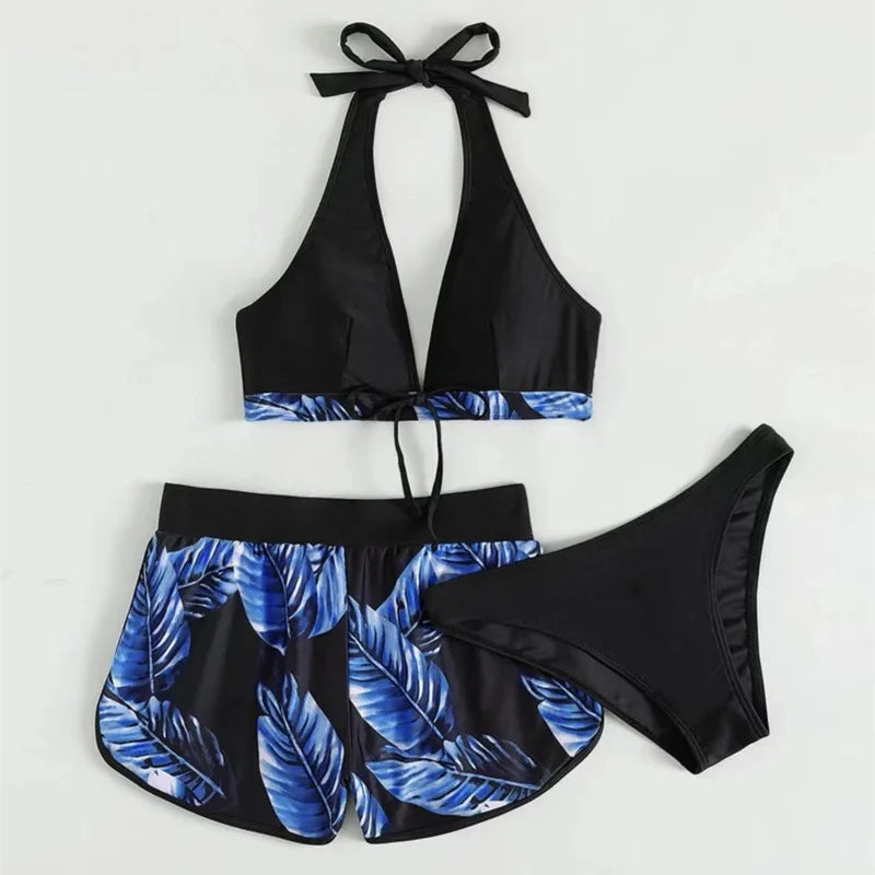 Leaf Print 3 Piece Bikini Set - Women's Sexy High Waist Swimsuit for the Beach