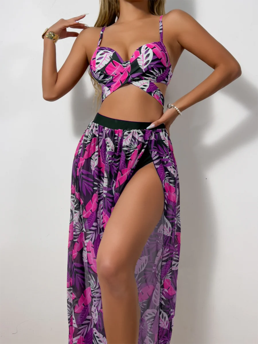 Print Cross 3 Piece Bikini with Long Skirt - Women's Vent Swimsuit for Beach