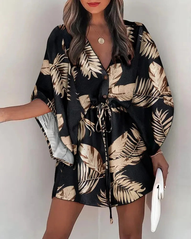 Women's Floral Print Batwing Sleeve Dress | V-Neck Ruffle Hem Boho Summer