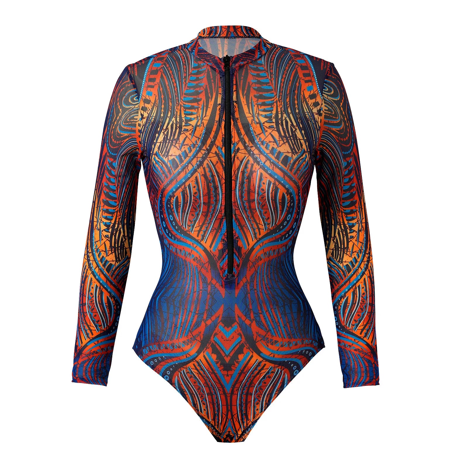 Mesh Zipper Bikini Set for Women - Sexy High Waist Long Sleeve Two Piece Swimwear