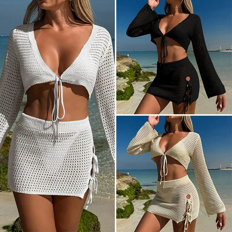 Women's Knit Beach Cover Up Set | Lace-Up Bell Sleeve Top & Half Skirt