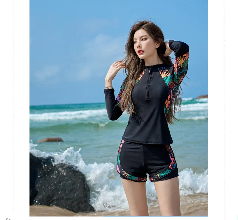 Plus Size Long Sleeve Two Piece Swimwear - with Boxer Shorts Korean Style Beach Outfit