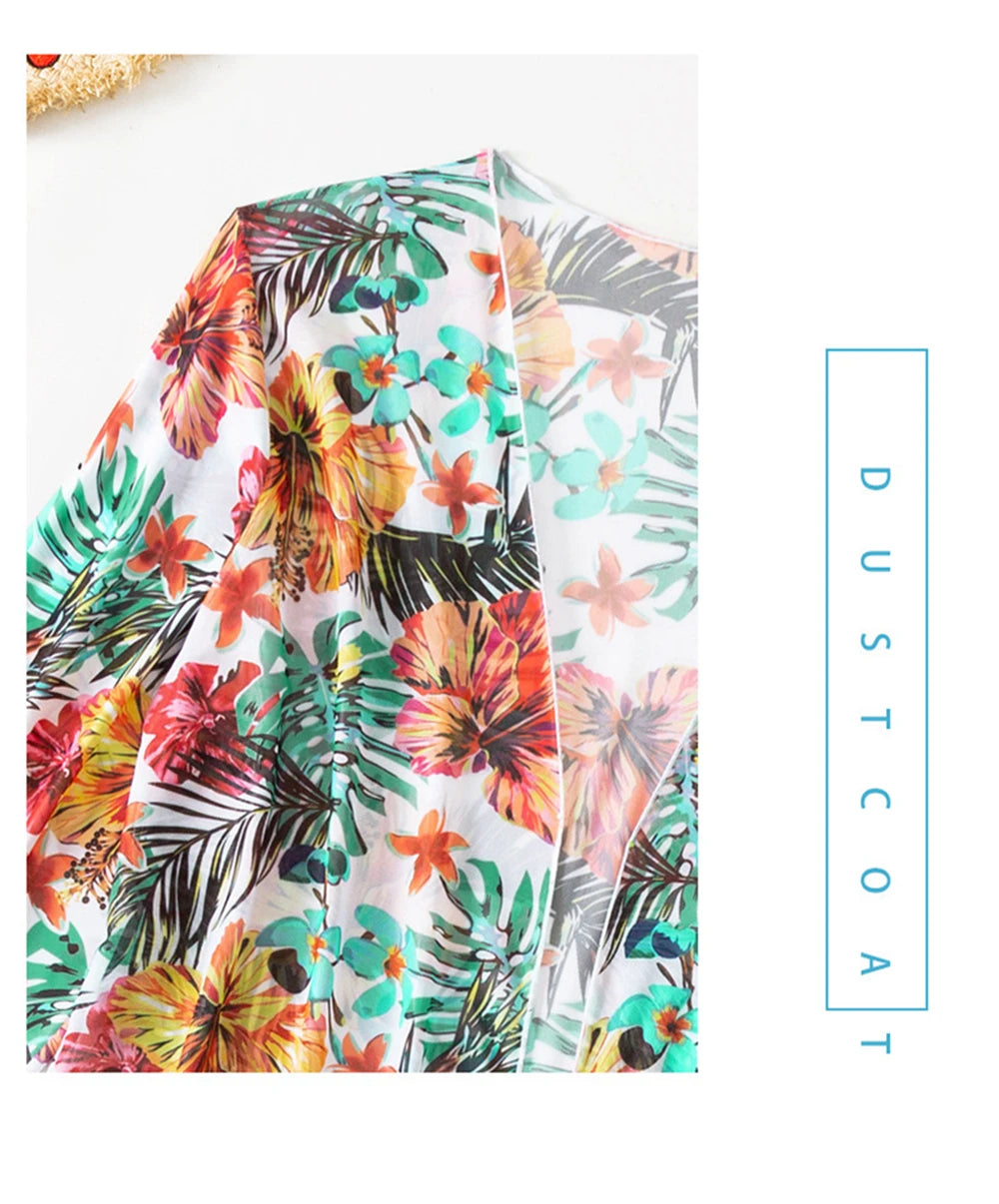 Floral Print 3 Piece Bikini Set with Mesh Blouse - Long Sleeve High Waisted Swimsuit