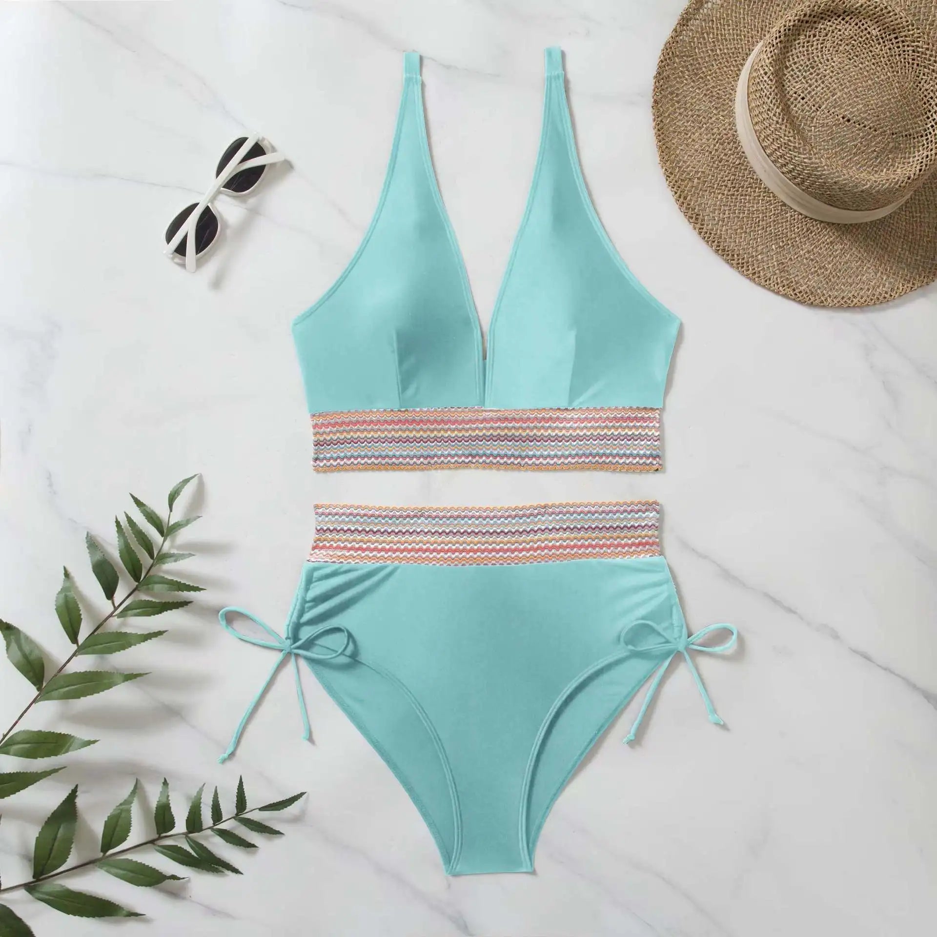 Solid Color Drawstring Bikini Set - High Waist Patchwork Separate Swimwear for Women
