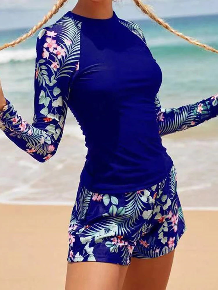 Women's Long Sleeve Tankini Swimwear Set - High Waist Boxer Shorts 2 Piece Beachwear