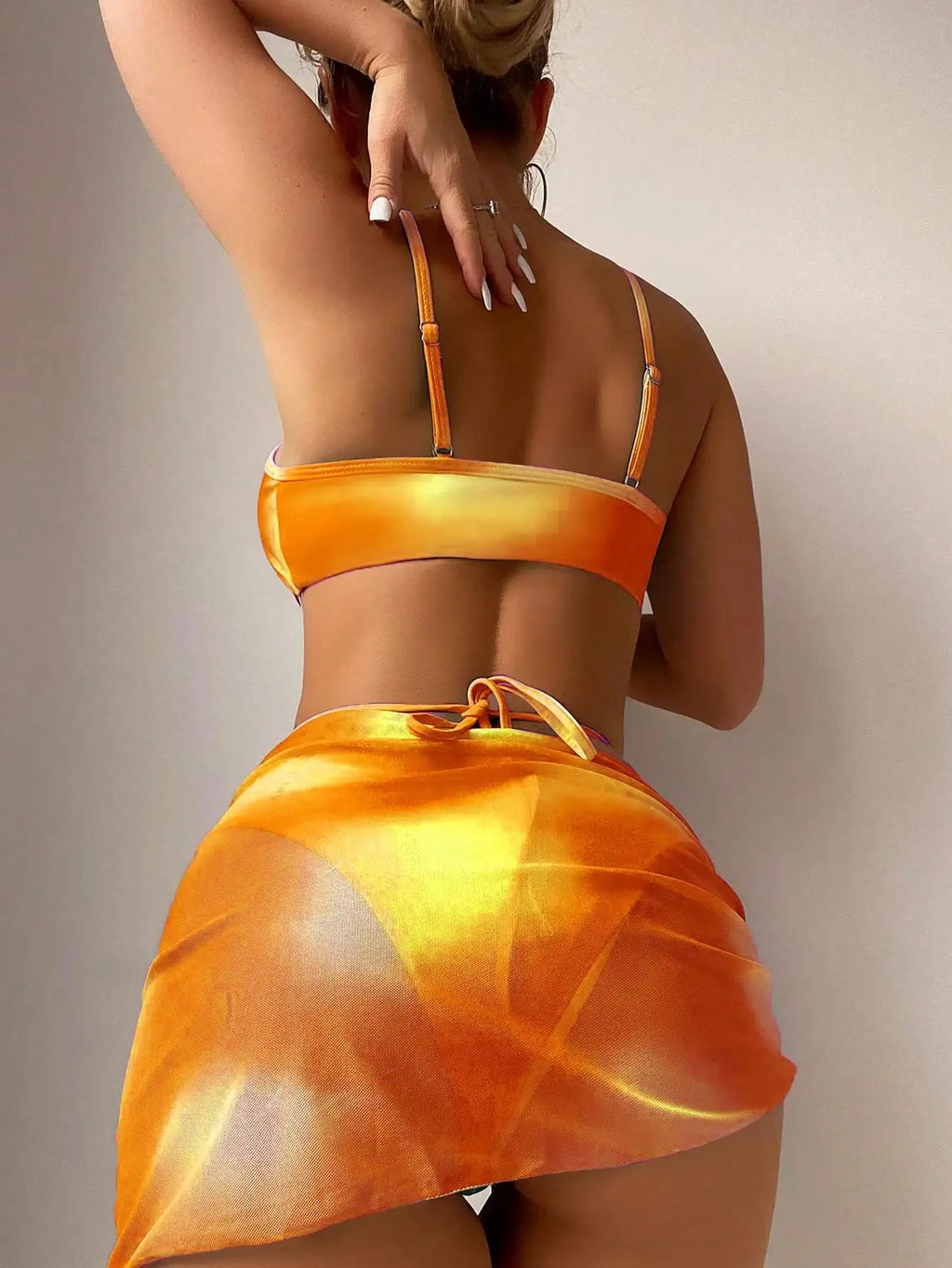 Ombre 3 Piece Bikini Set with Beach Skirt - Lace Up Sexy Swimwear for Women