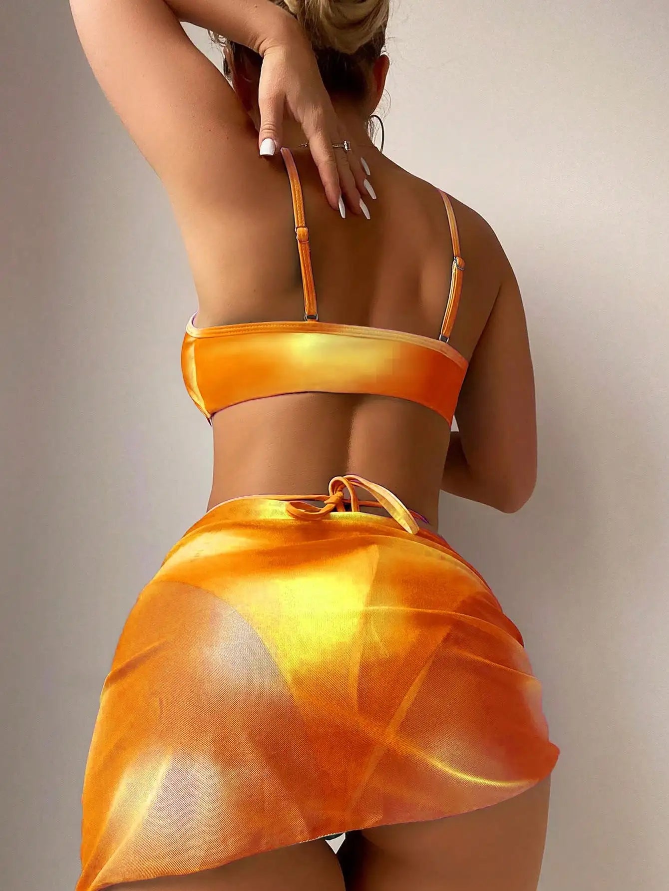 Ombre 3 Piece Bikini Set with Beach Skirt - Lace Up Sexy Swimwear for Women