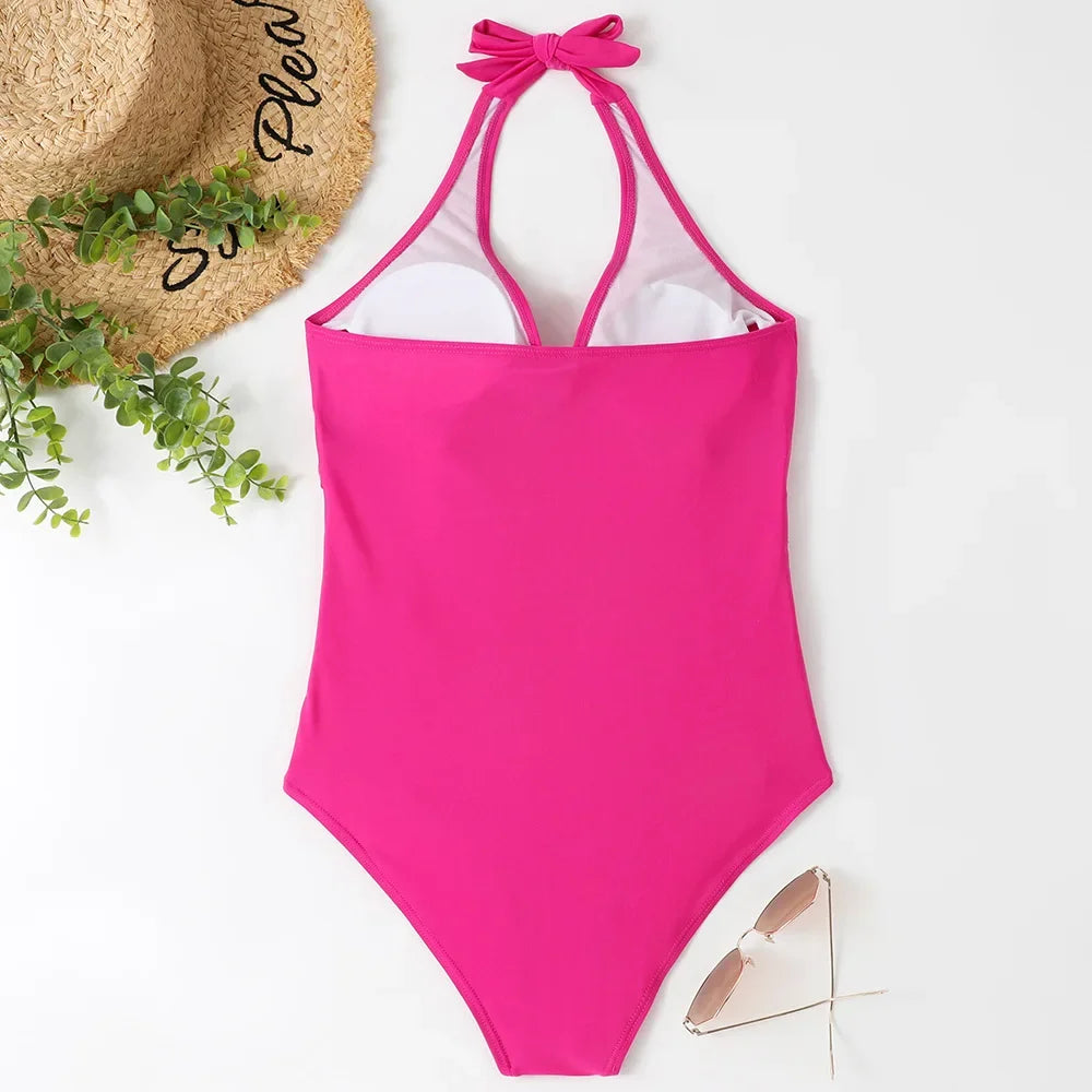 Women's Wrinkled Halter One Piece Swimsuit | V Neck Backless Monokini S-XXL