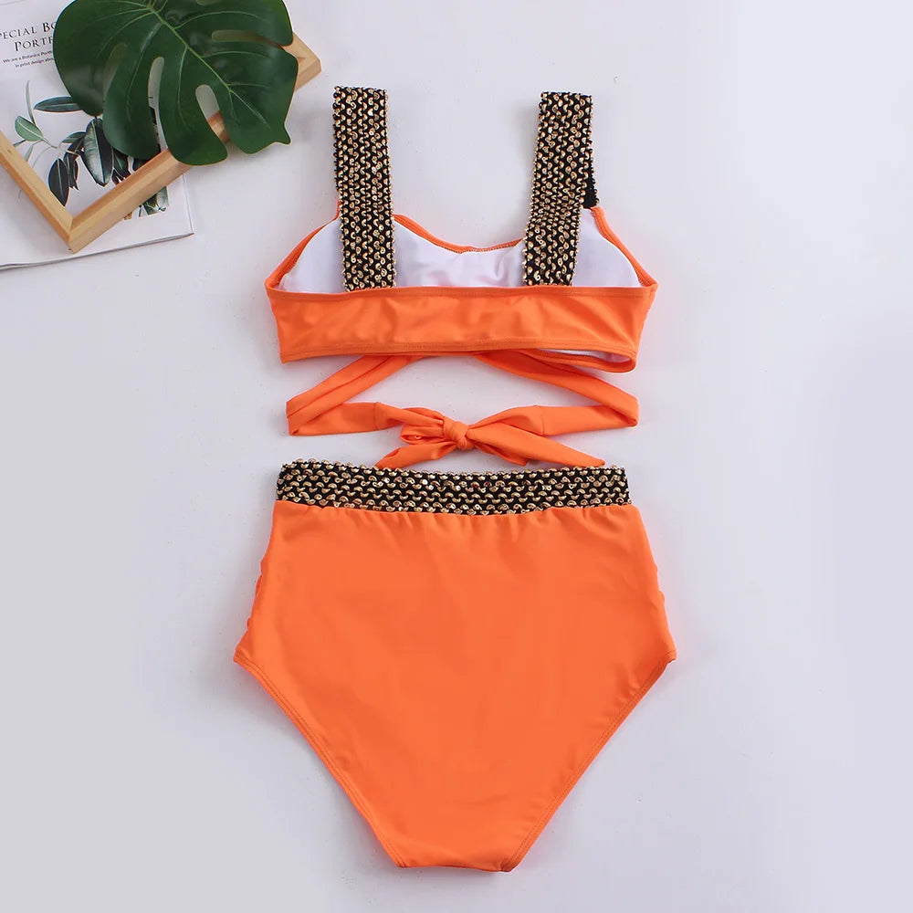 Black Cross High Waist Bikini Set - Solid Swimsuit for Women | 2025 Summer Beachwear
